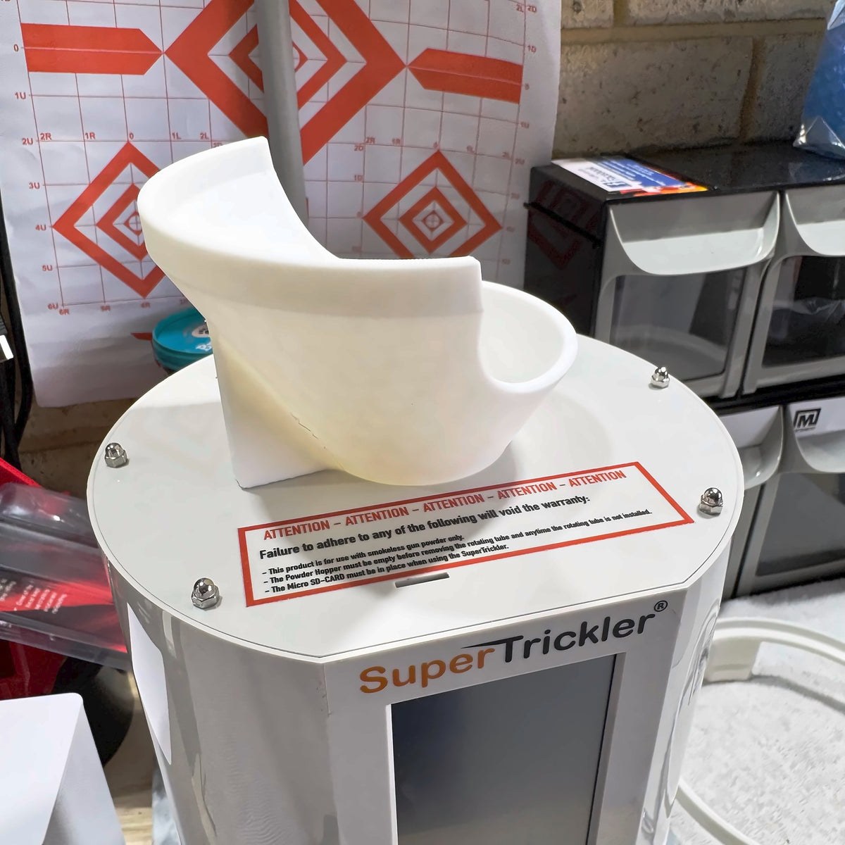 SuperTrickler top funnel fitted on the machine